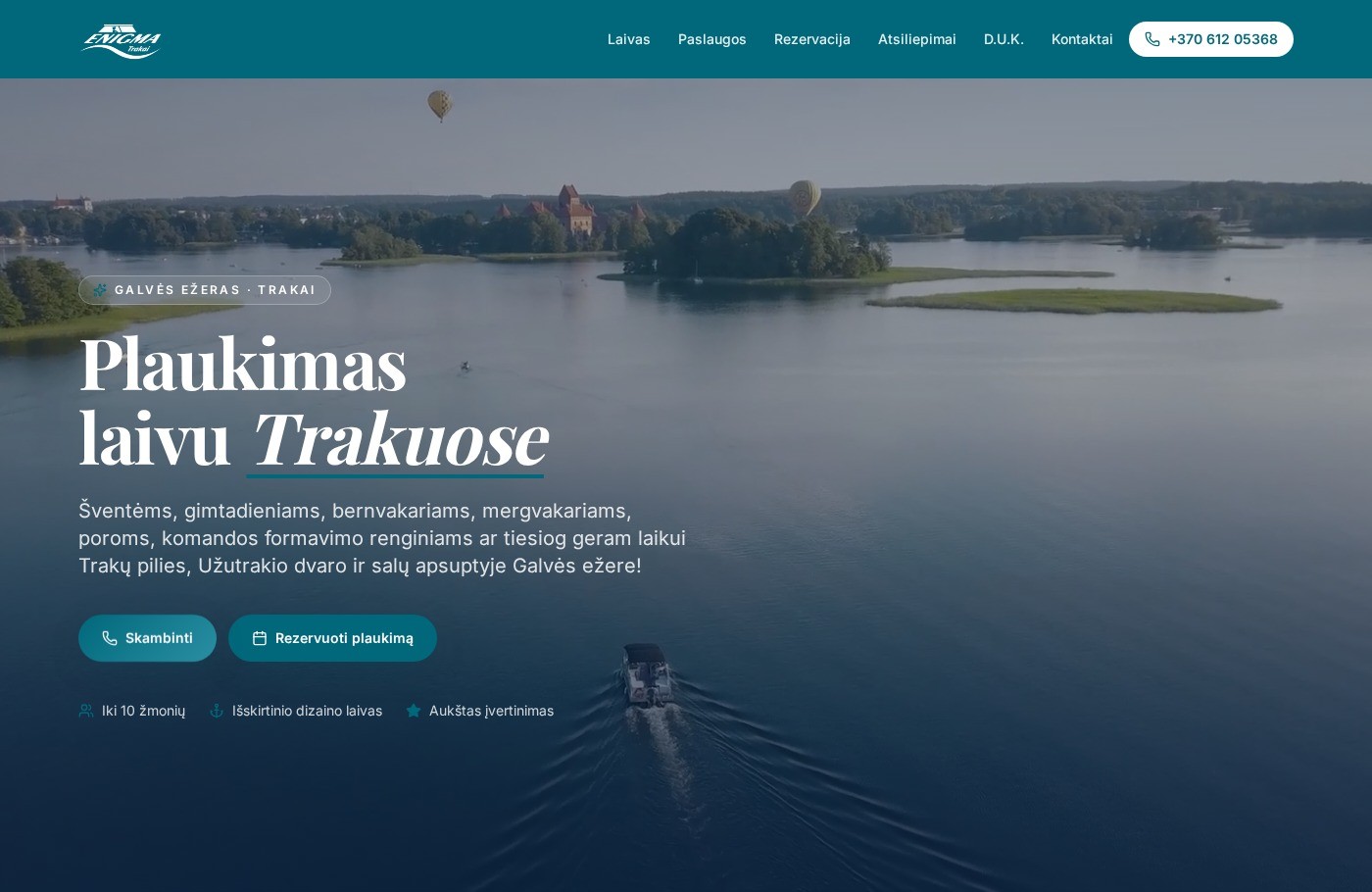 plaukimaslaivutrakai.lt svetainės pradinis ekranas — laivas Galvės ežere Trakuose