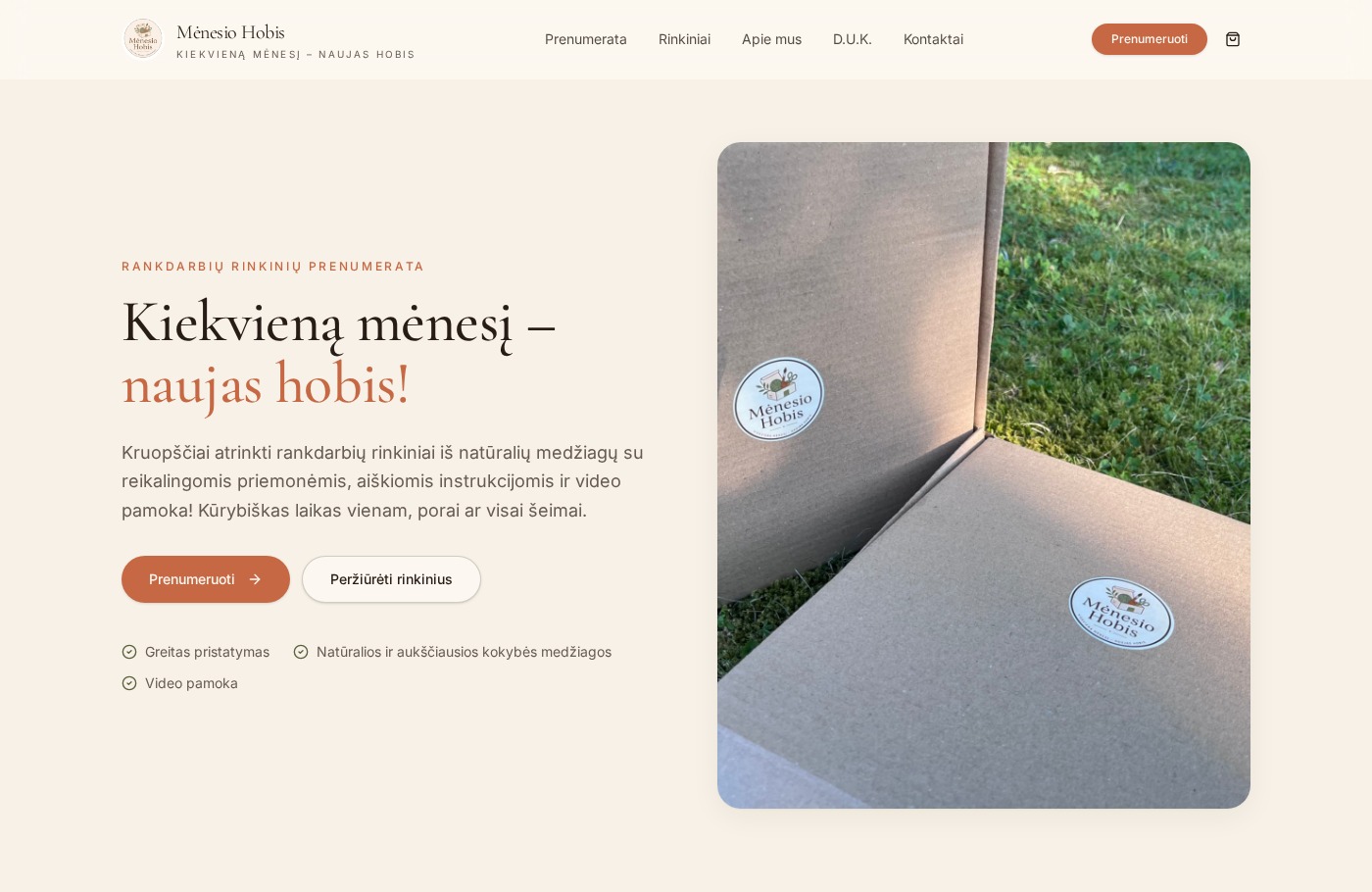 menesiohobis.lt svetainės pradinis ekranas — rankdarbių rinkinių prenumerata